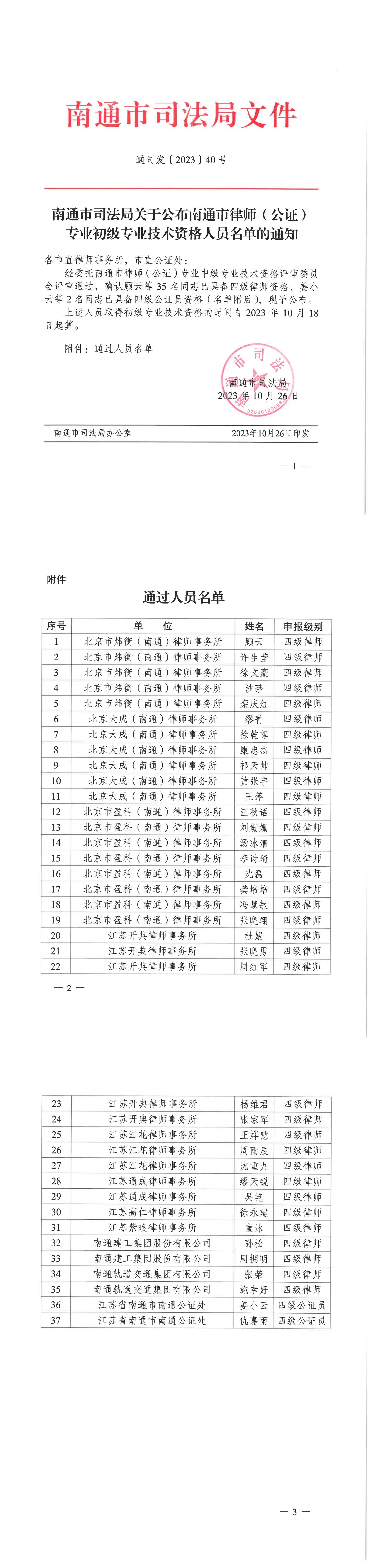 關(guān)于公布南通市律師（公證）專業(yè)初級專業(yè)技術(shù)資格人員名單的通知（通司發(fā)40號）_00.jpg